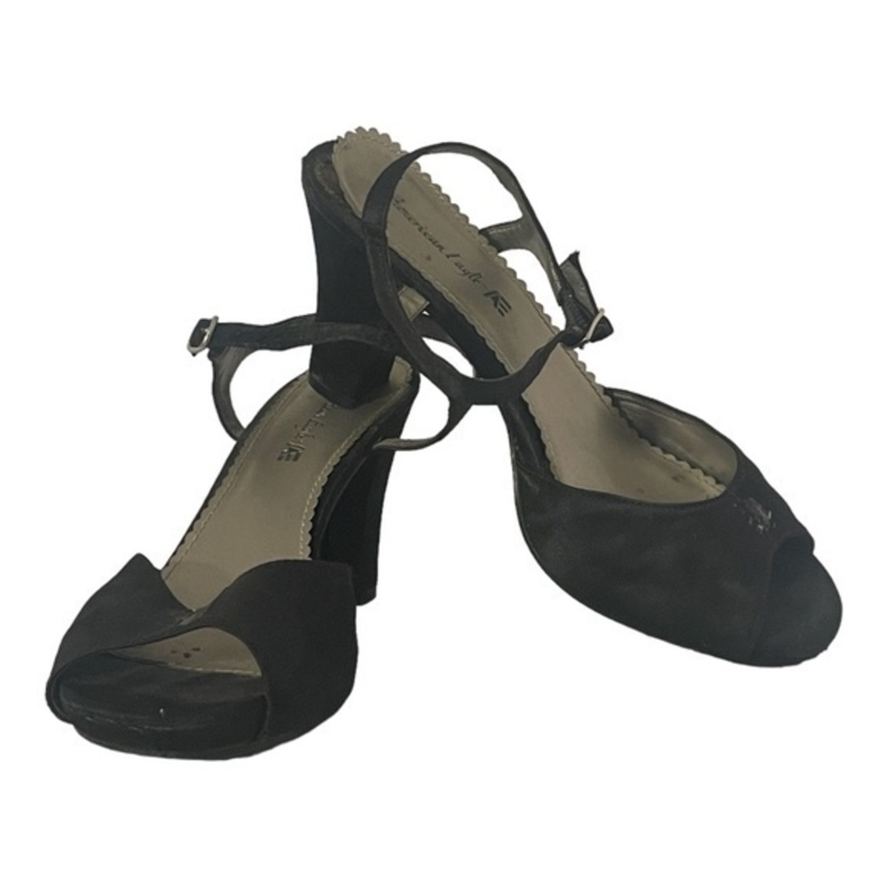 American Eagle Womens Heels Black Satin Open Toe Ankle Strap Size 8